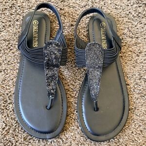 Dream Pairs Black Glitter Slingback Thong Sandals